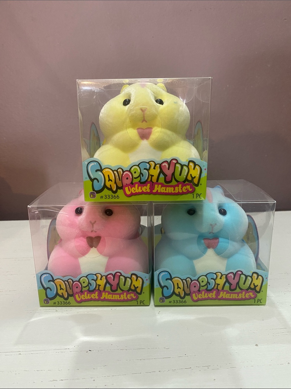Squeesh Yum- Velvet Hamsters Set (3) - Pink, Blue, Yellow Squishy Toy Set
